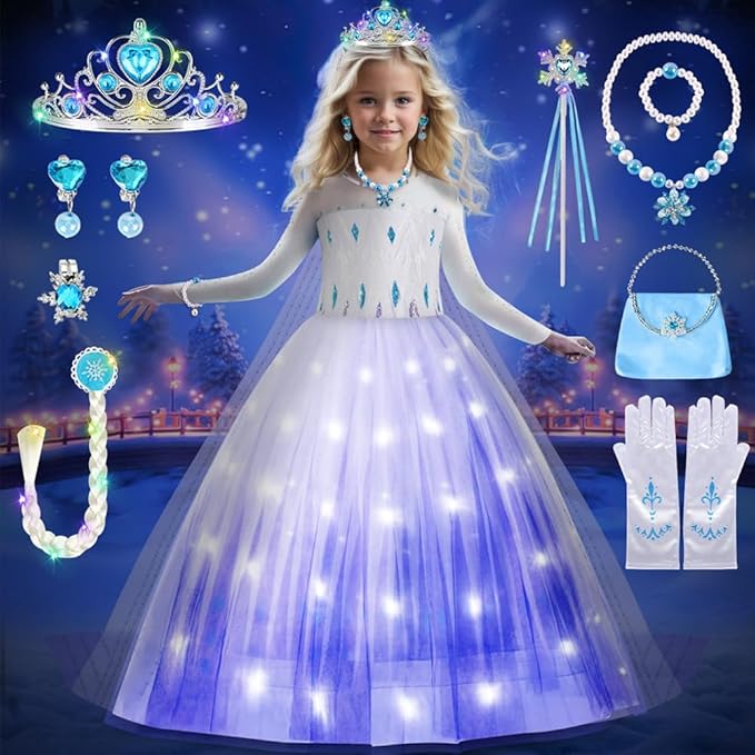 TOLOYE Princess Dresses for Girls, Light Up Elsa Anna Frozen Dress Up with Accessories for Birthday Halloween Carnival