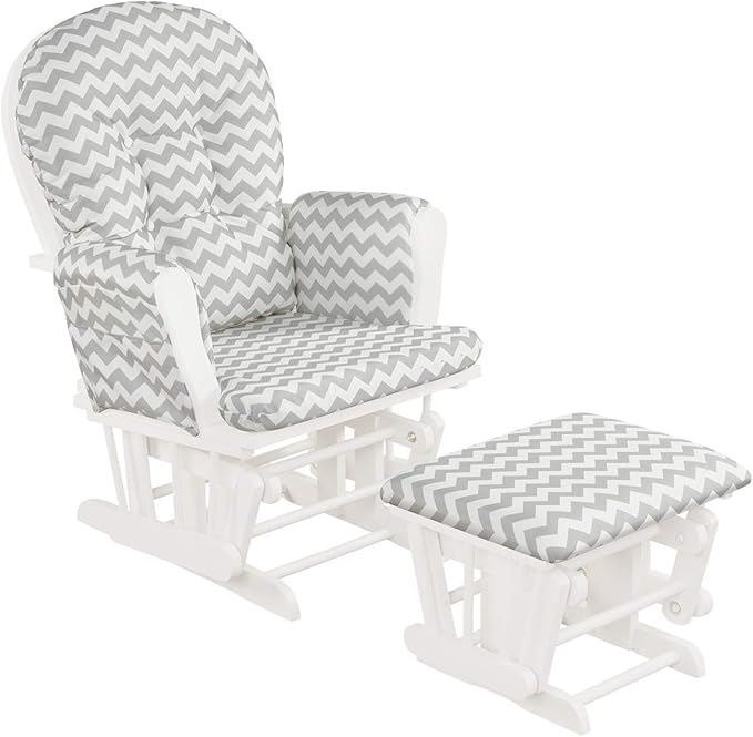 Costzon Nursery Glider with Ottoman, Upholstered Comfort Glider Rocker with Padded Cushion, Storage Pocket, Solid Wood Base, Rocking Chair Nursery for Breastfeeding, Maternity, Napping (Gray & White)