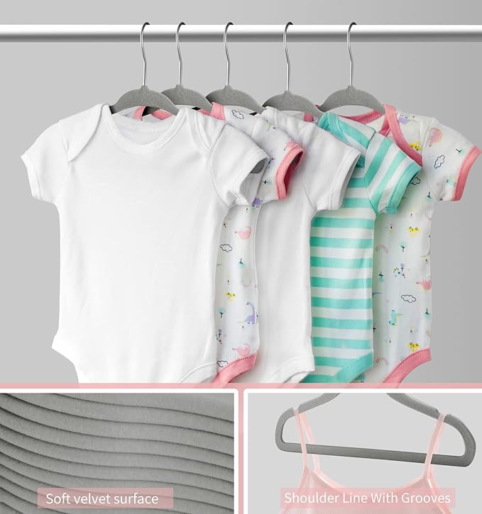 Velvet Baby Hangers 50 Pack, 11 Inch Kids Non Slip Hangers, Premium Childrens Hangers for Clothes, Space-Saving Nursery Hangers, Perfect Infant/Toddler Clothes Hangers for Daily Use(Grey)