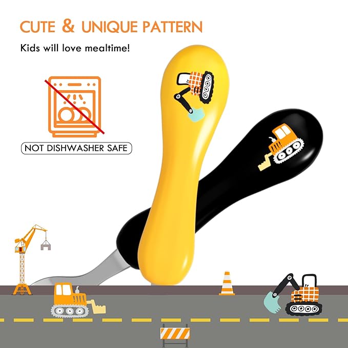 Lehoo Castle Toddler Fork and Spoon, 6pcs Toddler Utensils Kids Silverware, Safe Stainless Steel Toddler Fork Spoon Set, Children Flatware Set, Incudes 3 Spoons and 3 Forks (Engineering Vehicle)