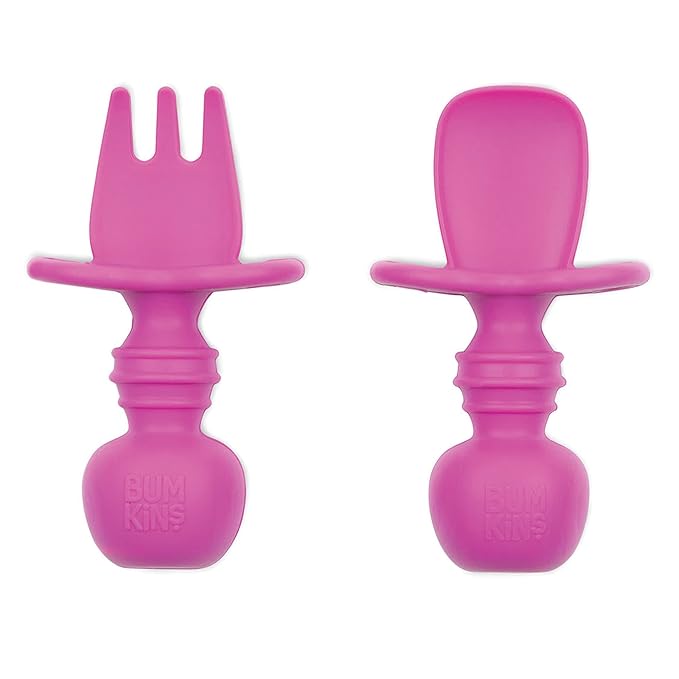 Bumkins Baby Utensils Set, Chewtensils Silicone Spoons for Dipping, Self-Feeding, Baby Led Weaning, Trainer Learning, First Stage Eating, Soft Practice Fork and Spoon, Babies 6 Months, Fuchsia