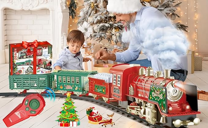 Christmas Train Set - Updated Remote Control Christmas Train Toys w/Smoke, Sounds, Lights, Rechargeable Electric Train for Around Christmas Tree, Train Toys Gifts for 3 4 5 6 7 8+