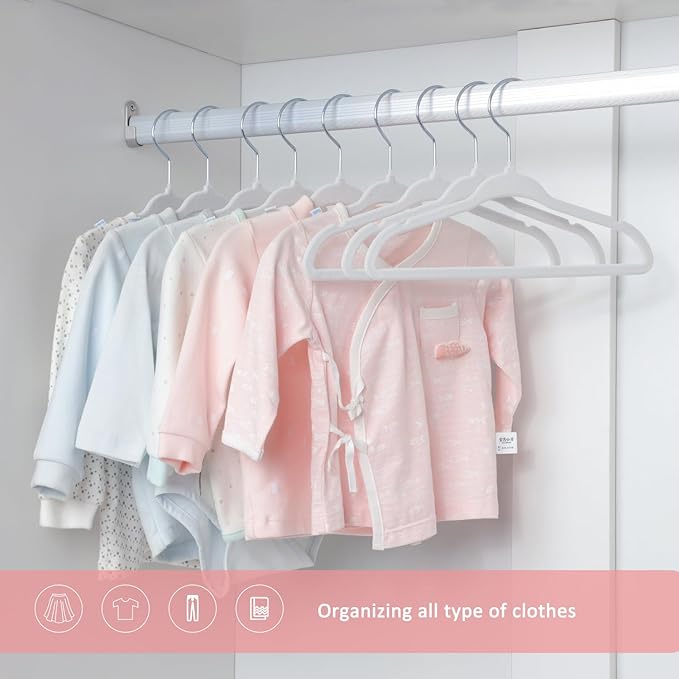 ManGotree 10.95" Baby Velvet Hangers, Non-Slip Infant Coat Hangers, Ultra-Thin Toddler Felt Hangers with 360° Swivel Hook, Space Saving Children's Hangers for Kids Clothes, 48 Pack (White)