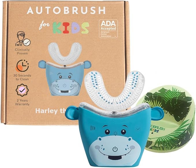 autobrush Kids U Shaped Electric Toothbrush, ADA Accepted, Sonic Pro with Unique 360° Nylon Bristles 3 Cleaning Modes,Whitening LED-Lights,Plays Music (Double-Sided),Ages 6-8, Hippo