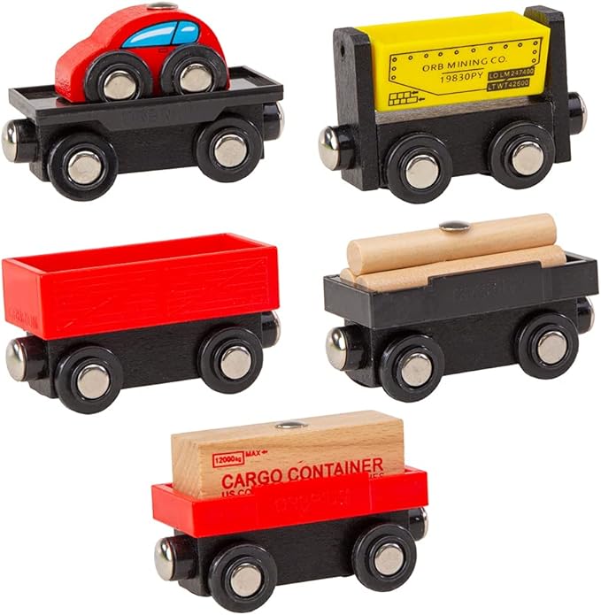 Orbrium Toys 5 Cargo Train Car Set for Wooden Railway Fits Thomas The Tank Engine Chuggington Brio