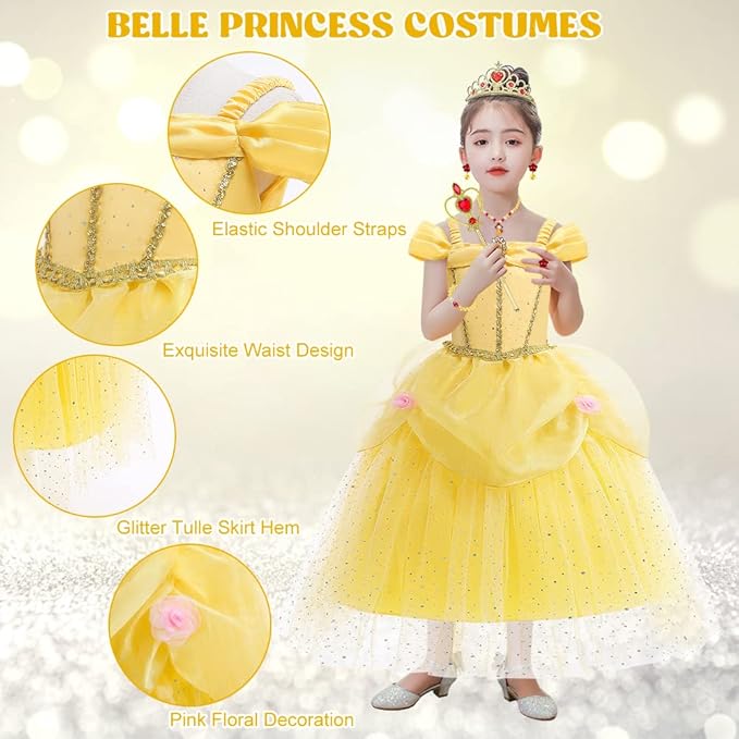 Princess Dress Up Clothes for Little Girls, Belle Costume Dress with Accessories for Birthday Party Cosplay Halloween