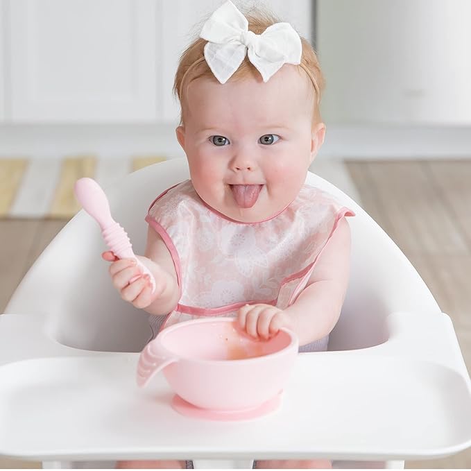 Bumkins Baby Bowl, Silicone Baby Feeding Set with Suction for Baby and Toddler, Includes Spoon and Lid, First Feeding Set, Essential for Baby Led Weaning for Babies 4 Months, Pink