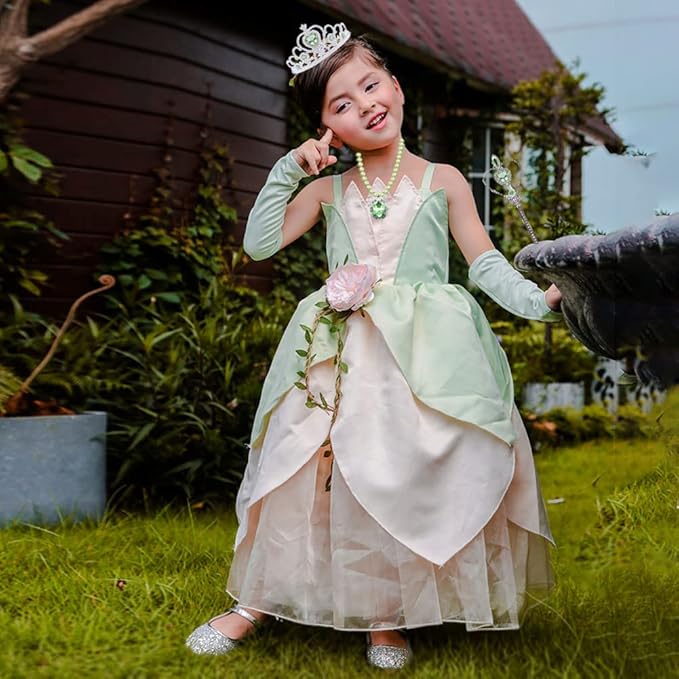 Princess Tiana Costume Dress up Accessories for Girls Tiana Cosplay Accessories Christmas Gifts Set Tiana Gloves Tiara Crown Necklace Wand Earrings Ring Princess Accessories for Girls