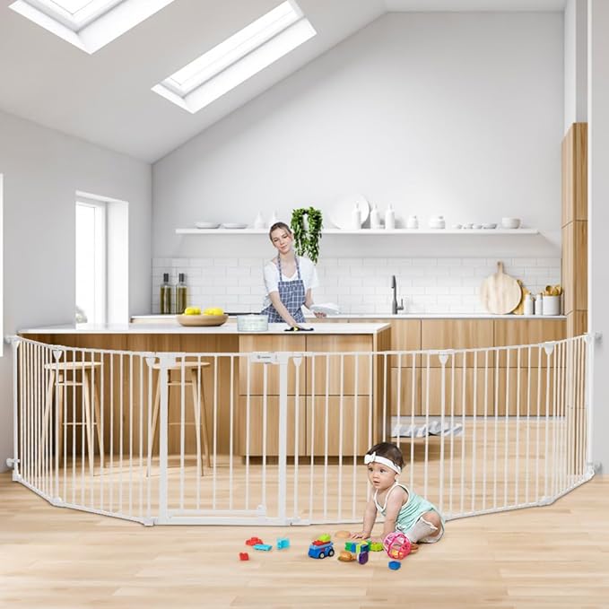 COMOMY 150" Extra Wide Baby Gate with Door, Dog Gates for The House Doorways Fireplace, Auto Close Baby Fence Play Area, Walk Through Pet Gate, Hardware Mounted Baby Gate, 6-Panels (30" Tall, White)