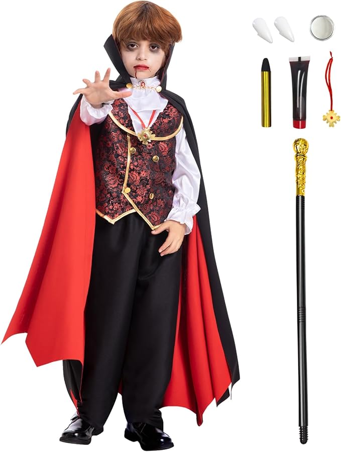 Vampire Costume for Boys Scary Halloween Party, Vampire Teeth Vampire Cane and Cosmetic Kit Included