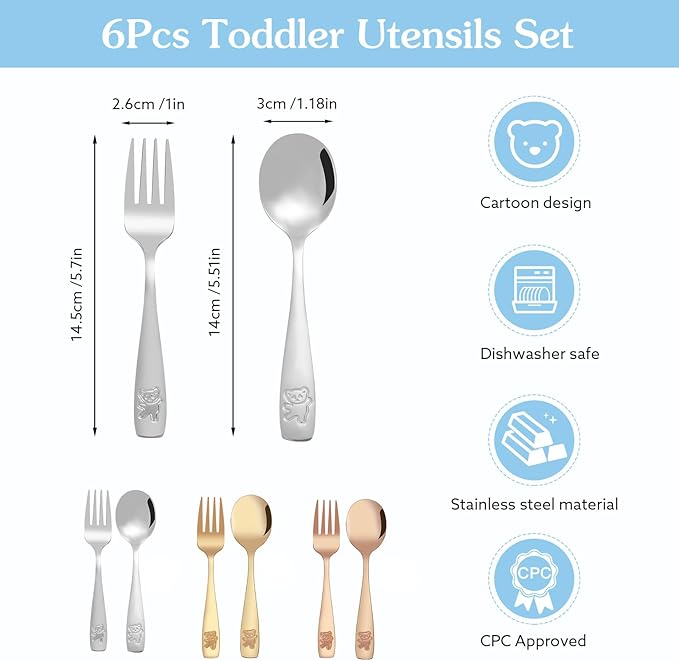 6 Piece Stainless Steel Kids Silverware Set,Toddler Utensils,Children Safe Food Grade Forks and Spoons,Mirror Polished, Dishwasher Safe