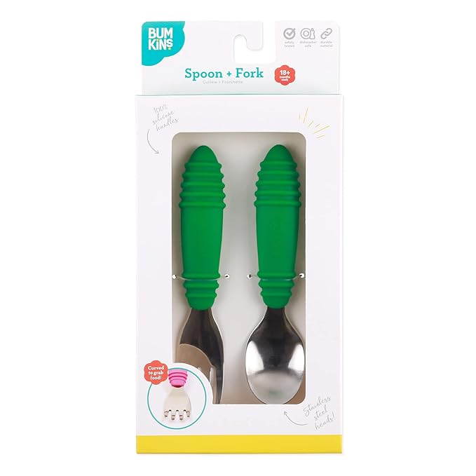 Bumkins Toddler Utensils, Kids Size Fork and Spoon Set, Silicone and Stainless-Steel Training Silverware, Fork / Spork for Self-Feeding, Children Hold Learning to Eat, 18 Months Up, Jade Green
