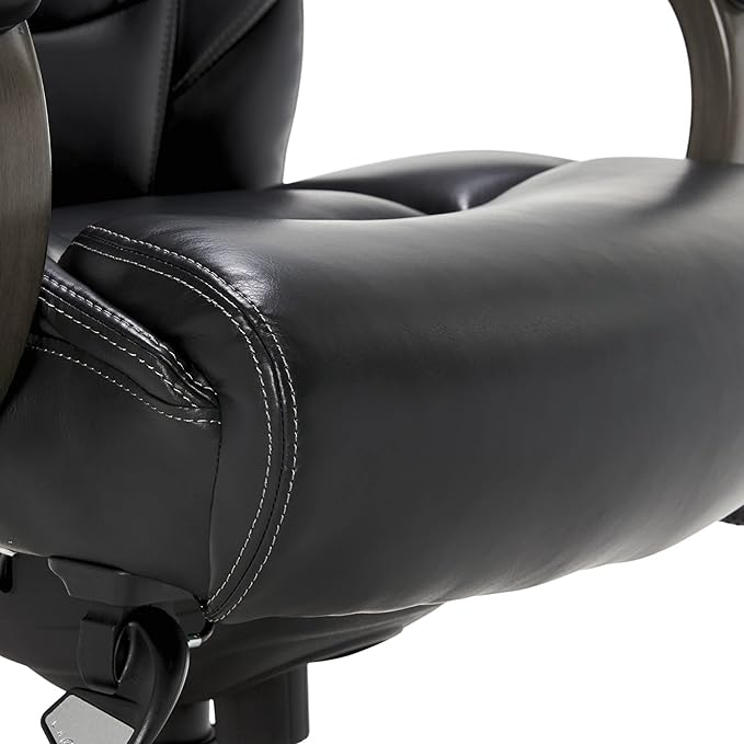 La-Z-Boy Delano Big & Tall Executive Office Chair, High Back Ergonomic Lumbar Support, Bonded Leather, Black with Weathered Gray Wood