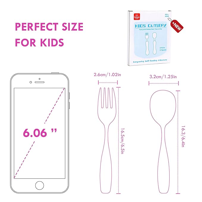 Lehoo Castle Toddler Fork and Spoon, 6pcs Toddler Utensils Kids Silverware, Safe Stainless Steel Toddler Fork Spoon Set, Children Flatware Set, Incudes 3 Spoons and 3 Forks (Pink)
