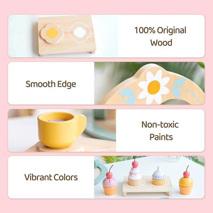Wooden Tea Party Set,Toddler Tea Set with Cake Stand,Tea Sets for Toddlers 3-5，Pretend Play Tea Set Toy，Non-Toxic Wooden Tea Set for Little Girls Toddler Wood Tea Set Birthday