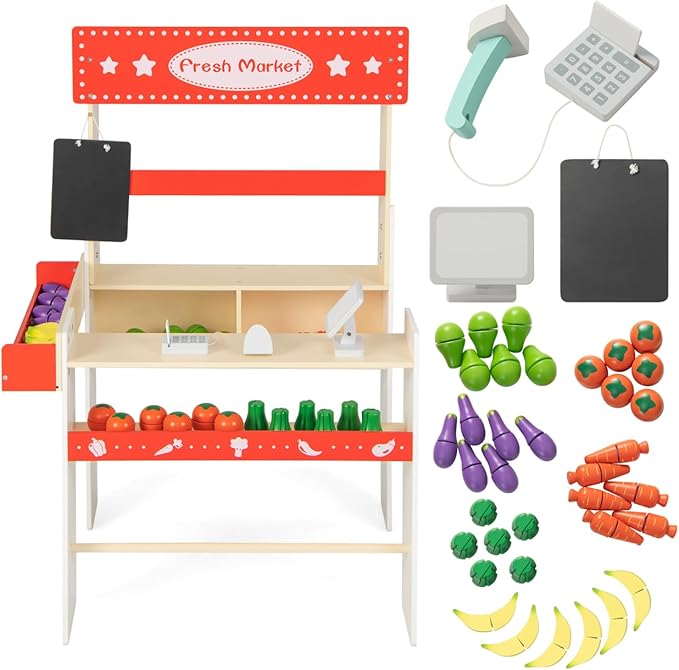 INFANS Grocery Store Marketplace Toy, Wooden Market Stand Pretend Play Set with Chalkboard Cash Register 36 Fruit Veggies Pieces POS Machine Shop Playset Gift for Boys Girls Ages 3+