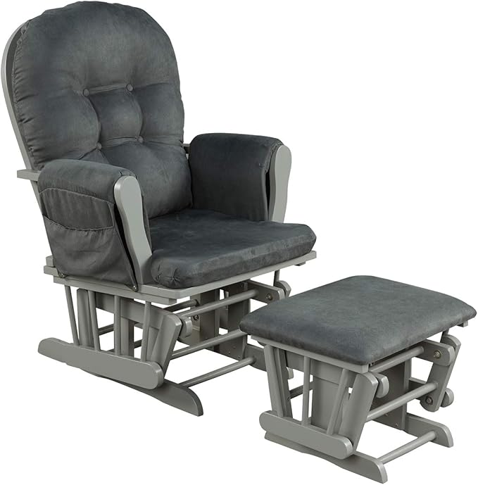 Costzon Nursery Glider with Ottoman, Upholstered Comfort Glider Rocker with Padded Cushion, Storage Pocket, Solid Wood Base, Rocking Chair Nursery for Breastfeeding, Maternity, Napping (Dark Gray)
