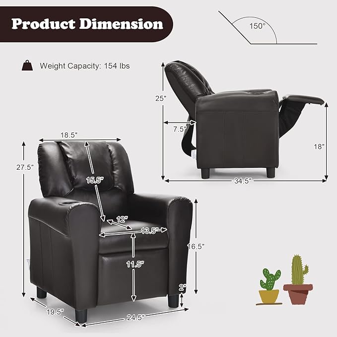 Costzon Kids Recliner Chair with Cup Holder, Toddler Furniture Children Armrest Sofa w/Headrest & Footrest for Girls Boys Baby Bedroom, Kids Room, PU Leather Kids Recliner Couch (Brown)