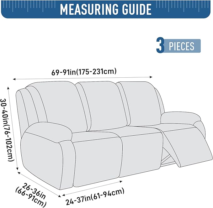 TAOCOCO Recliner Sofa Covers Stretch Reclining Couch Cover, Jacquard Recliner Couch Cover for 3 Seat Furniture Protector Sofa Slipcovers with Elastic Bottom for Kids, Pets (Dark Blue)