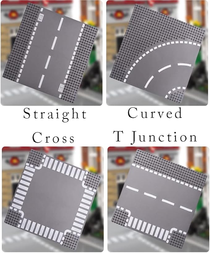 Classic City Street Baseplates 10” x 10” Building Brick Block Highway Race Track Base Plate Toy Kit, Compatible with Lego, 2 Straight + 4 Curved Road Baseplates