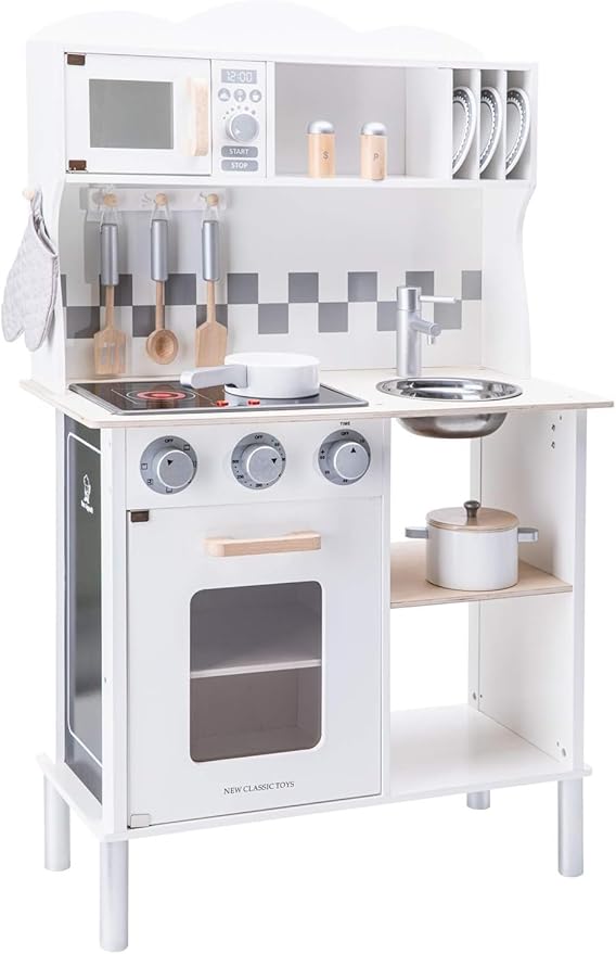 New Classic Toys Wooden Pretend Toy Kitchen for Kids with Role Play Bon Appetit Electric Cooking Included Accesoires Makes Sound, Modern White