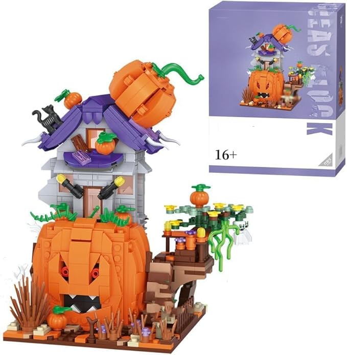 Street View Halloween Pumpkin House Bricks Model Set, 762Pcs DIY Building Block Assembly Mini Particle Construction Toy