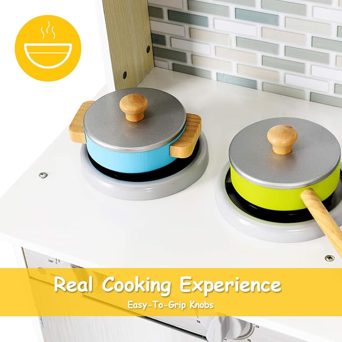 Costzon Kids Kitchen Playset, Wooden Pretend Chef Cooking Toy Kitchen with Realistic Sound, Microwave, Sink, Cookware Accessories, Play Kitchen for Toddlers, Boys, Girls, Gift for Ages 3+
