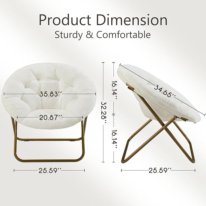 Sweetcrispy Cozy Saucer Chairs Faux Fur Living Room Reading Lounge Furniture Folding Comfy with Soft Thick Padded Seat Metal Frame Modern Style for Bedroom Home Adults, X-Large - White