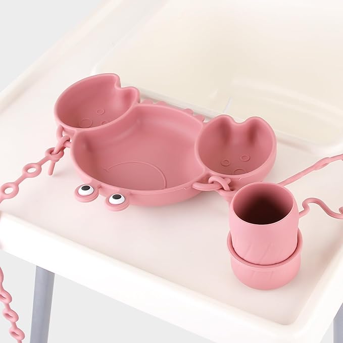 Silicone Baby Feeding Set, 8-Piece Baby Led Weaning Supplies Included Toddler Suction Plate, Bowl, Cup, 3 Spoons & 2 Safety Straps Keep Spoon, Fork & Bottle Off The Floor for Self-Feeding (Rose)