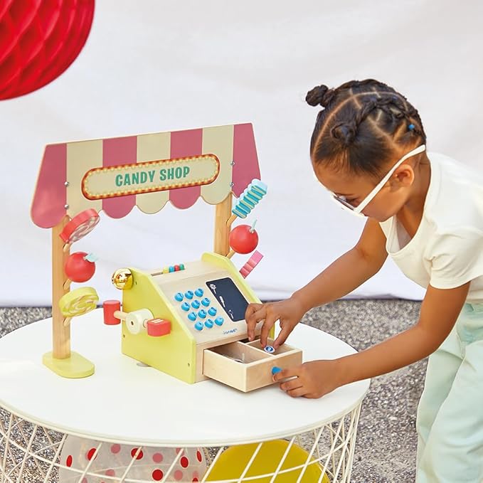 Janod - Applepop Children's Merchant - Imitation Game with Cash Register - 19 Accessories - Develops Imagination - FSC Wooden Toy - Water Painting - Suitable for Ages 3 and Above