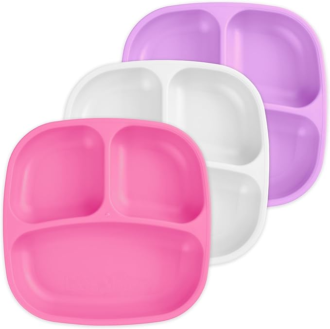 Re-Play Made in USA 7" Deep Walled Divided Plates for Kids, Set of 3 - Reusable 3 Compartment Plates, Dishwasher and Microwave Safe - 7.37" x 7.37" x 1.25", Berry