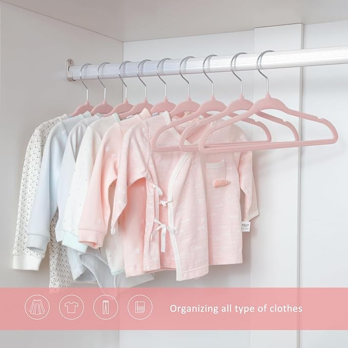 ManGotree 10.95" Baby Velvet Hangers, Non-Slip Infant Coat Hangers, Ultra-Thin Toddler Felt Hangers with 360° Swivel Hook, Space Saving Children's Hangers for Kids Clothes, 48 Pack (Pink)