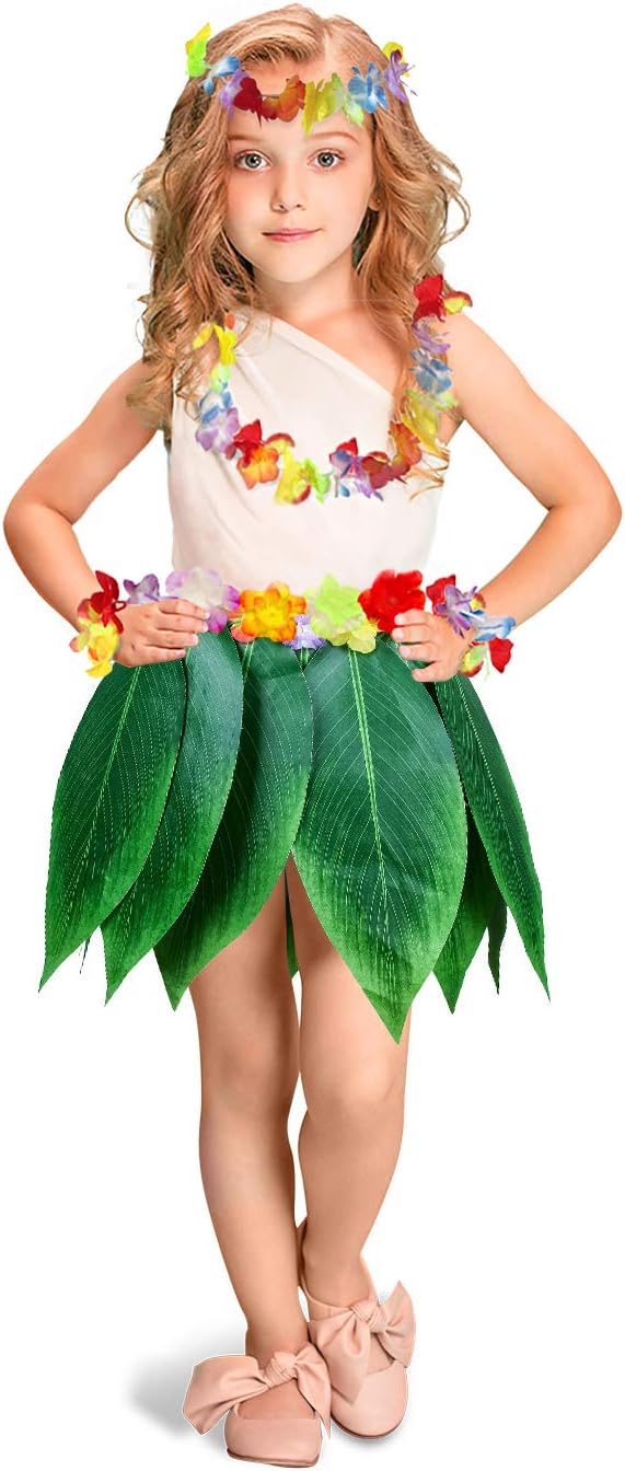 Fortuning's JDS Boys Girls Hawaiian Flowers Leaf Grass Skirts Garland Costume Set Beach Party Favors