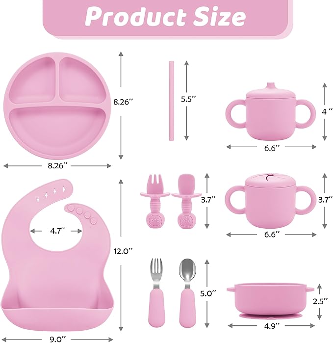 Silicone Baby Feeding Set, Baby Led Weaning Supplies, Eating Essentials Utensils with Suction Plate and Bowl, Pocket Bib, Sippy Cup with Lid, Forks Spoons Snack Container, for 6+ Months, Pink