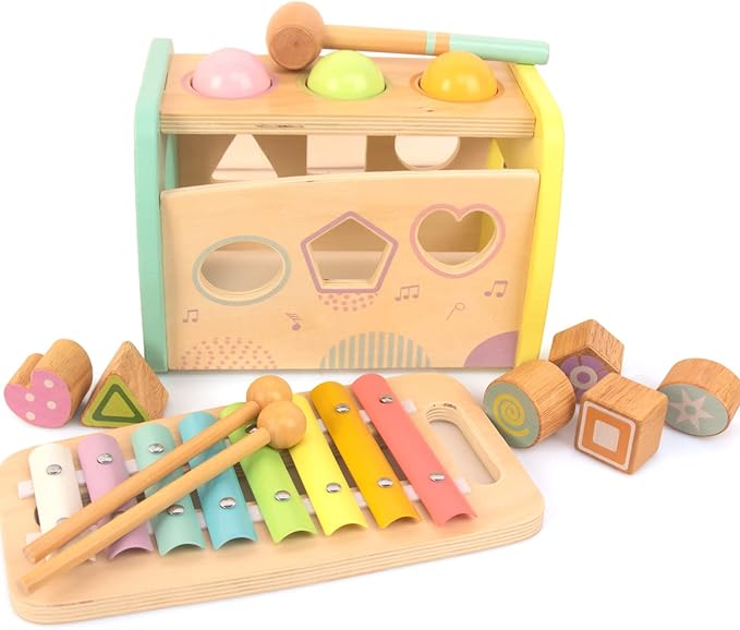 Hammering Pounding Toys Wooden Educational Toy Xylophone Shape Sorter, Birthday Gift for 1 2 3 Years Boys Girls Baby Toddler Kids Developmental Montessori Learning Toy (Yellow)