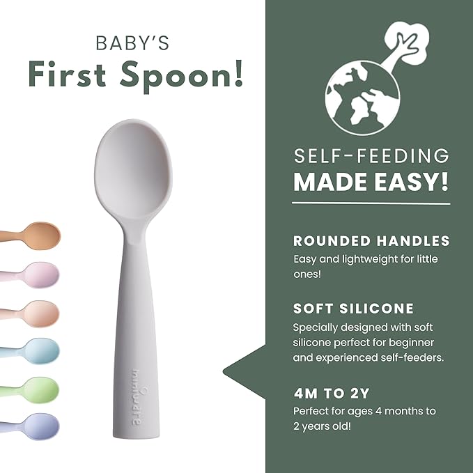 Miniware Silicone Baby Spoon for Training - BPA Free Baby Utensils - Baby Spoons Self Feeding 6 Months | 100% Food Grade Silicone - Modern & Dishwasher Safe Toddler Spoons (Grey and Cotton Candy)