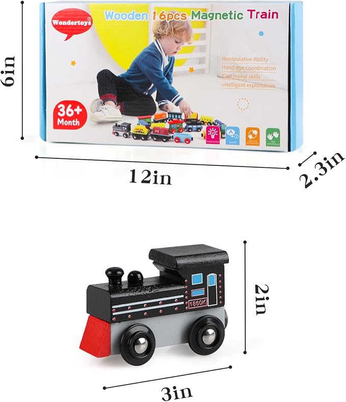 Wondertoys 16 Piece Magnetic Wooden Train Set for Toddlers - Includes Storage Bag and Track Accessories