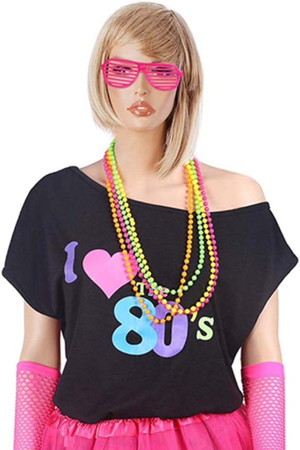 80s Women Costume Accessories Set Acrylic Neon Bead Necklace Bracelet Colorful Fingerless Short Fishnet Gloves for 80's Party