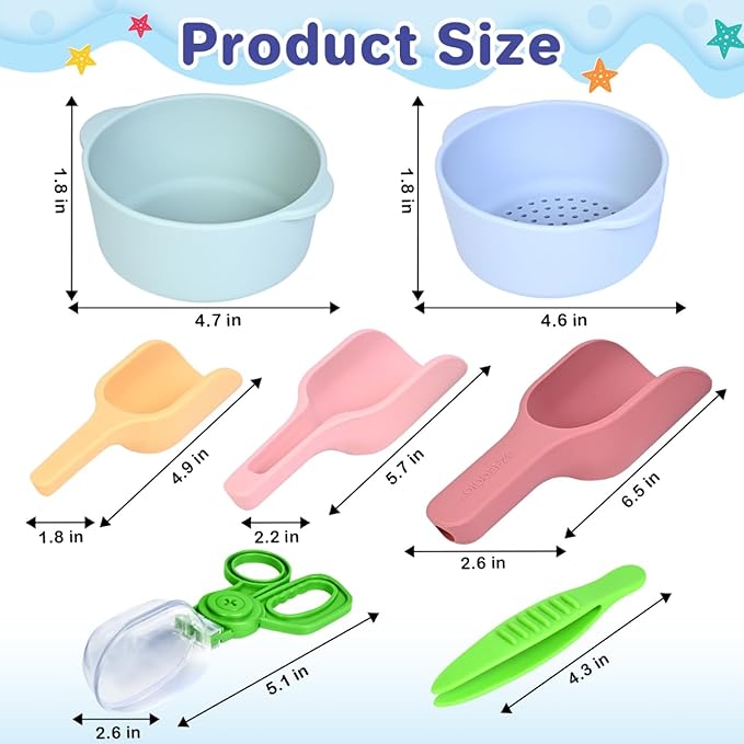 Madzee 7 Pieces Fine Motor Skill Toys for Children, 3 Silicone Scoops, 2 Nesting Bowls, 1 Tweezer, 1 Scooper - Sensory Bin Accessories
