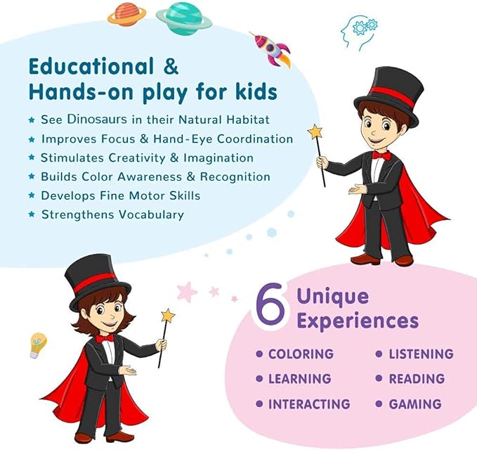 Dinosaur Adventure Augmented Reality Coloring Book w/Educational Learning Activities for Kids Ages 4-8 - Bring Dinosaurs to Life (10 Washable Markers & App Included)