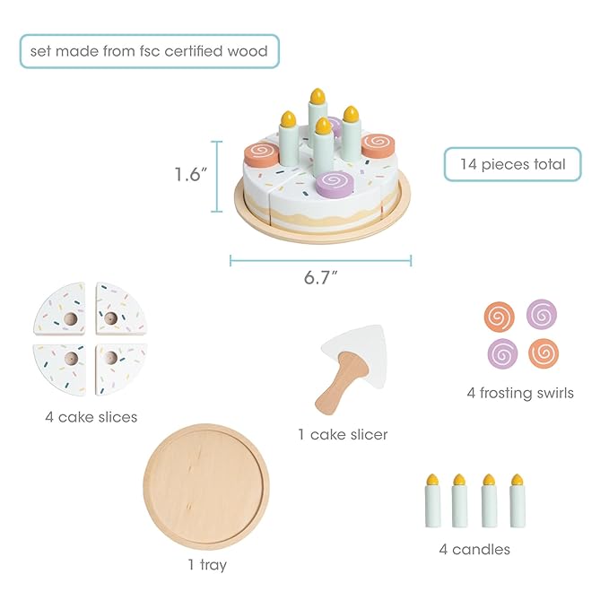 Pearhead Celebration Montessori Birthday Cake Toy Set, Wooden Play Toys for Developmental Learning, Play Kitchen Sets for Toddlers Ages 3+ Years, Pretend Play Food Sets, 14 Piece Wooden Play Toy Set