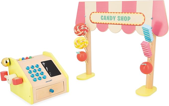 Janod - Applepop Children's Merchant - Imitation Game with Cash Register - 19 Accessories - Develops Imagination - FSC Wooden Toy - Water Painting - Suitable for Ages 3 and Above