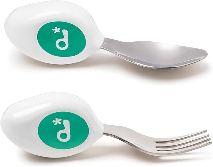 doddl Toddler Utensils, Ergonomic Fork and Spoon Set for Self Feeding, Stainless Steel Silverware for 1-3 Year Olds, BPA Free, Dishwasher Safe (Aqua)