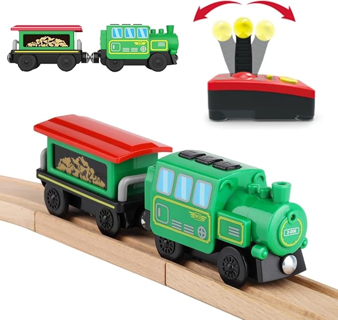 Battery Operated Locomotive Train Set for Wooden Train Tracks,Powerful Engine Train Vehicles Train Electric Remote Control Cars with Light&Sound Train Toy Gift for Kids Toddler