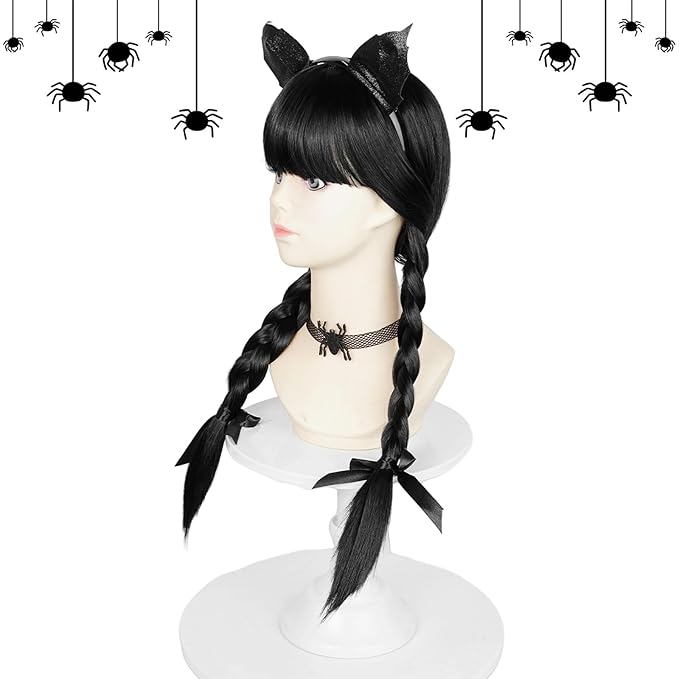Probeauty Long Black Braided Wig for Kids Girls Cosplay Wigs with Devil Headband Necklace for Halloween Costume