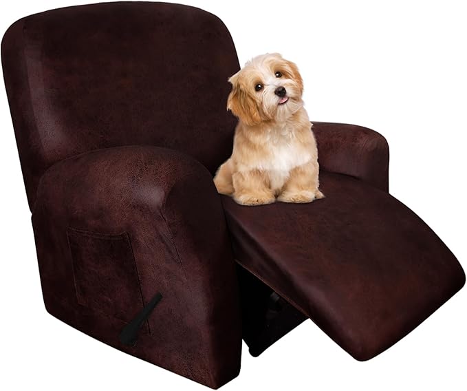 molasofa Recliner Chair Covers - 4 Pieces Leather Like Large Recliner Chair Covers with Pocket Waterproof Non Slip Stretch Recliner Slipcover for Lazy Boy Recliner Chair Washable (Red)