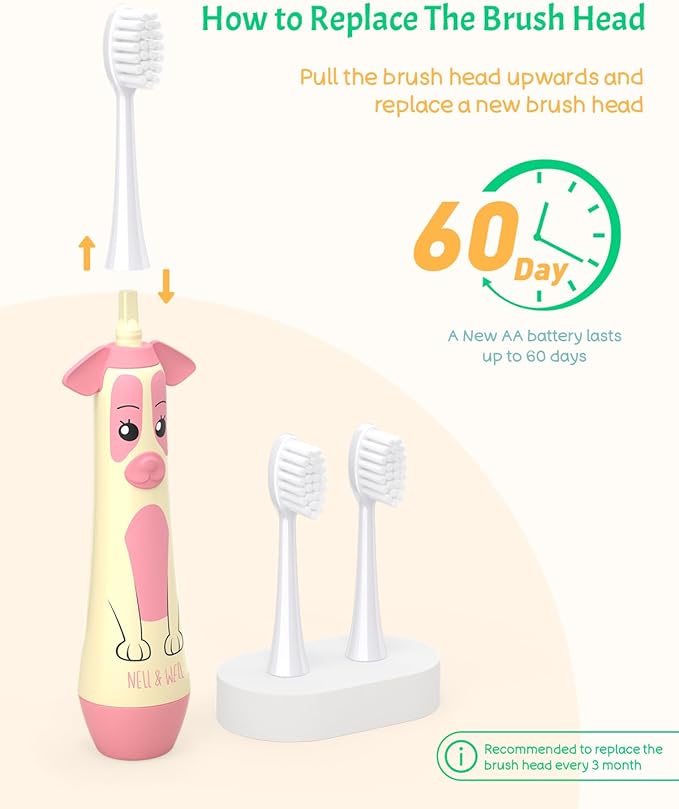 NELL&WELL Kids Electric Toothbrush, 2-Min Timer, 3 Modes with Memory, IPX 7 Waterproof, Battery Powered Kids Toothbrush with 3 Soft Bristles Heads for Children Boys and Girls Ages 3+…