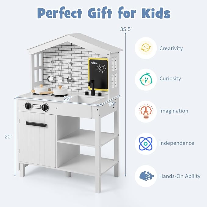 HONEY JOY Kids Kitchen Playset, Farmhouse Pretend Play Toddler Kitchen Set for Kids w/Chalkboard, Marble Backdrop, Window, Storage Shelf, Wooden Play Kitchen for Toddlers, Gift for Boys Girls, White