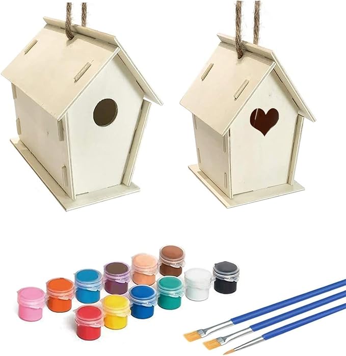 S & E TEACHER'S EDITION Craft DIY Bird House Kit 2 Pack DIY Unfinished Wood Bird House Build and Paint Your Backyard Birdhouse, Art Craft Wood Toys for Kids Girls Boys Includes Paints Brushes