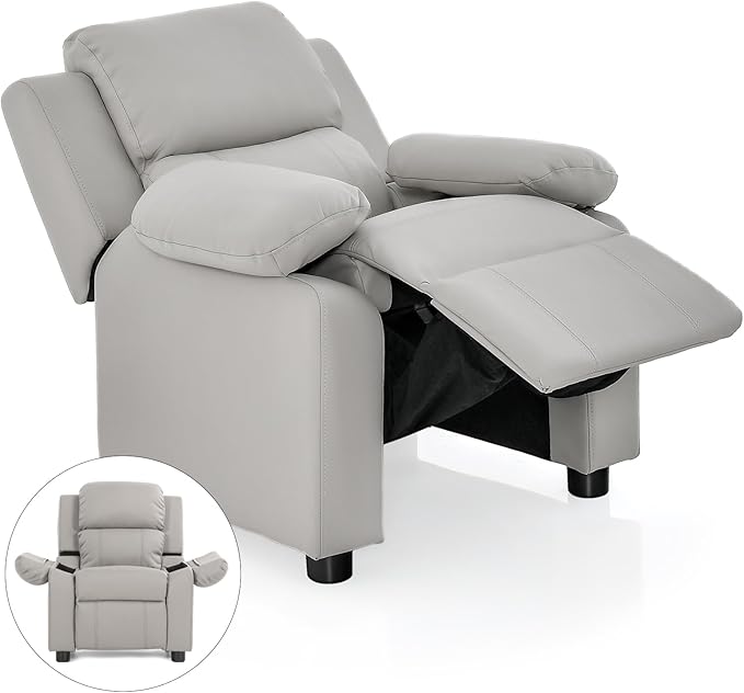 Costzon Kids Recliner, Leather Recliner Chair w/Footrest, Armrest Storage, Headrest & Lumbar Support, Ergonomic Lounge Chair for Living & Gaming Room, Adjustable Recliner Sofa for Boys Girls (Gray)